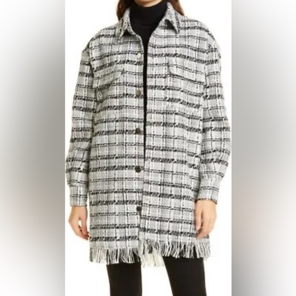 New RETROFÊTE Paris Plaid Fringe Hem Shirt Jacket In Gray Multi Size L